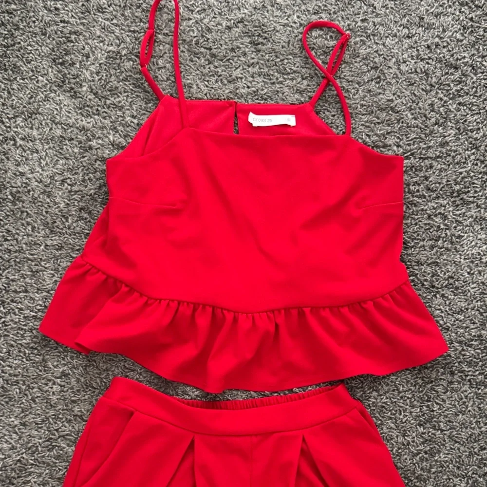 Red Ruffle Crop Top and Pants Set - Picture 2 of 8